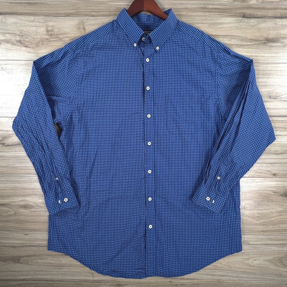 Roundtree & Yorke Mens 2XT Blue Gingham Check Cotton Button Down Shirt Tall